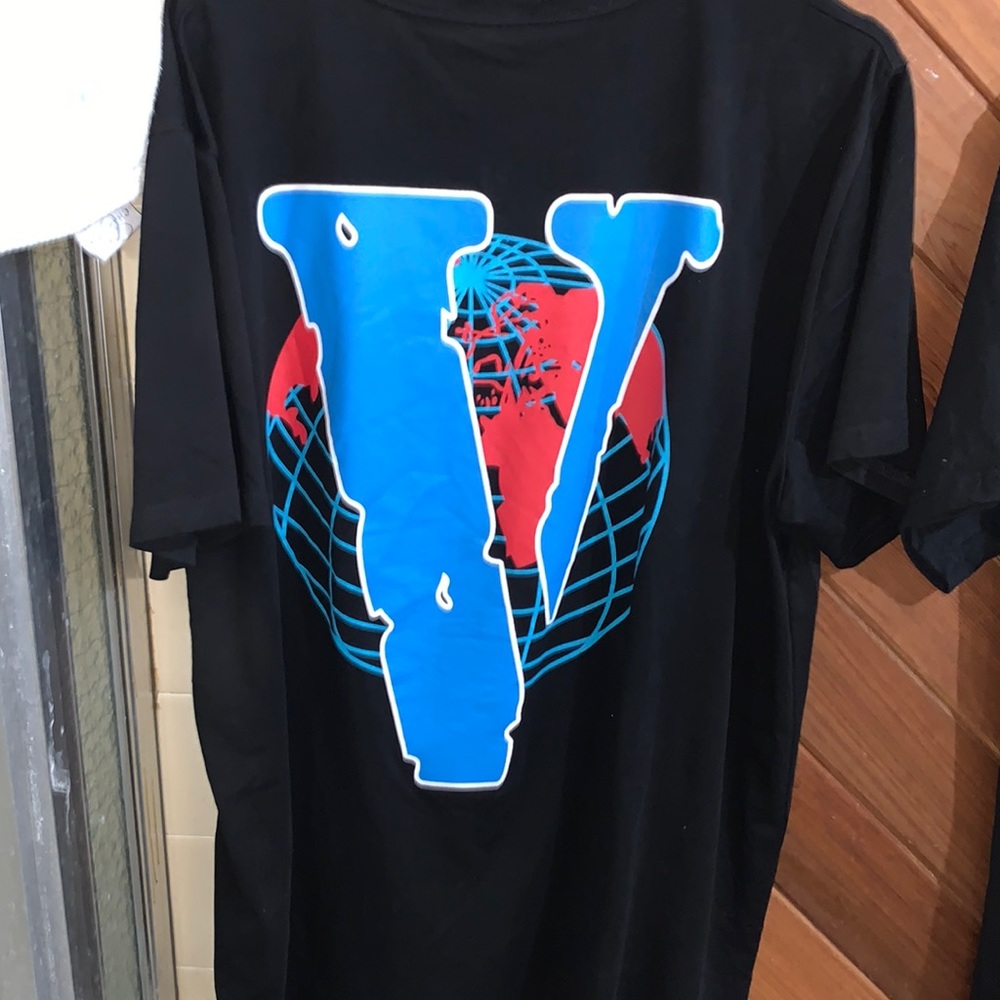 VLONE Black Tee with Blue and Red Globe V Logo